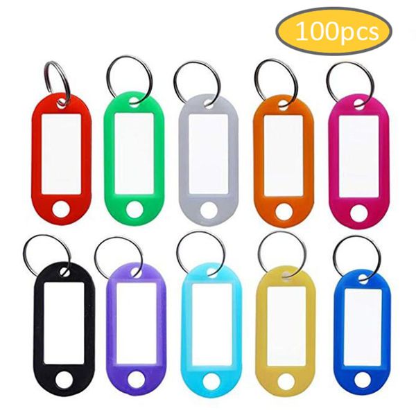 100pcs / lot Lot Fresh Plastic Keychain Key Tags ID Étiquette Nom des étiquettes avec anneau divisé pour les chaînes de clés du numéro de pièce Lage Empêchez les balises perdantes 10