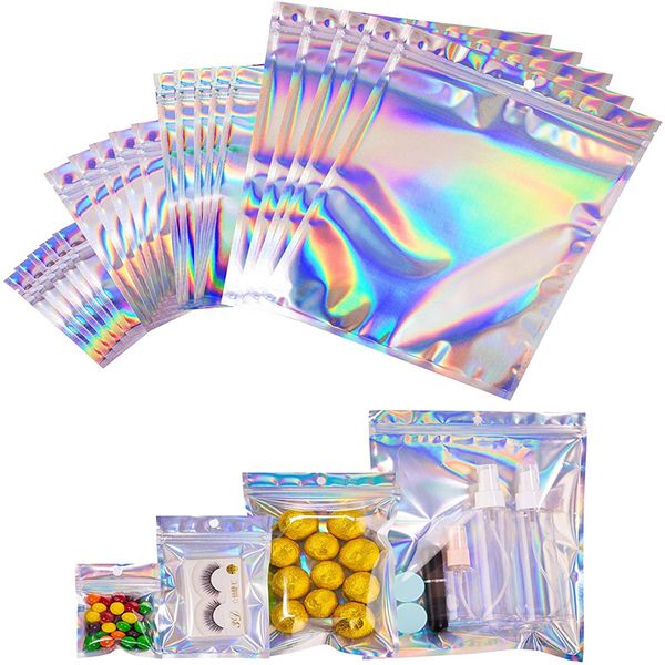 Bolsas de embalaje al por menor de plástico resellable Bolsa de papel de aluminio holográfica Bolsa a prueba de olores para almacenamiento de alimentos con orificio para colgar