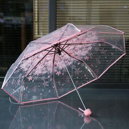 100 unids/lote transparente mango de paraguas a prueba de viento paraguas de 3 pliegues flor de cerezo seta Apollo Sakura paraguas de mujer y niña