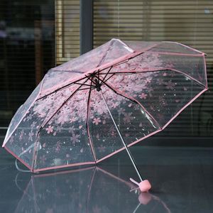 100pcs / lot Transparent Parapluie Transparent Poignée Coupe-Vent 3 Fold Parapluie Fleur De Cerisier Champignon Apollo Sakura Femmes Fille Umb282Q