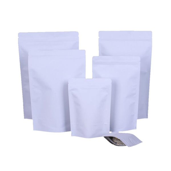 100 unids/lote bolsas de papel Kraft blanco bolsa de alimentos resellable forro de papel de aluminio bolsa de embalaje bolsas de almacenamiento de pie para merienda de té y café