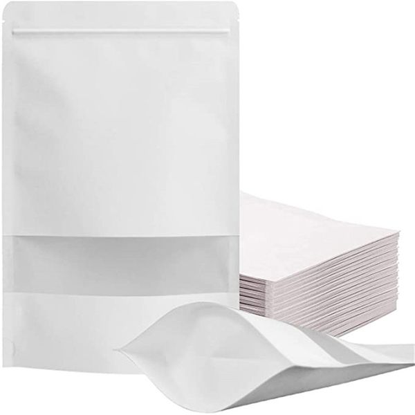 Sacs debout en Kraft blanc, sac en papier réutilisable à fermeture éclair avec fenêtre pour collation, sac d'emballage résistant à l'humidité, 100 pièces/lot