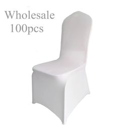 100 unids/lote funda blanca para silla de boda poliéster LICRA para el banquete conferencia celebración exposición 240219