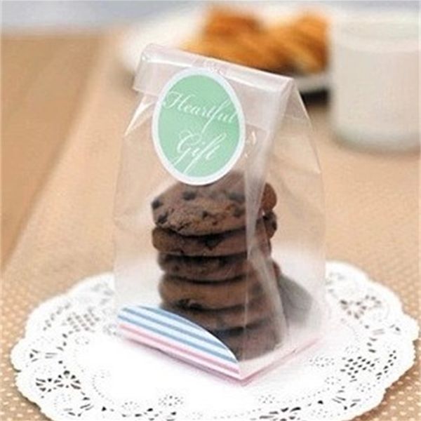 100pcs mat biscuits en plastique sac avec carton avec autocollants gratuits semi-clair pain toast cellophane sacs pour mariage bricolage gâteau 201225