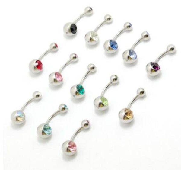 100pcs mélange couleur en acier cristal strass double gemme nombril nombril anneau de barre de mode bijoux de corps de mode8755506