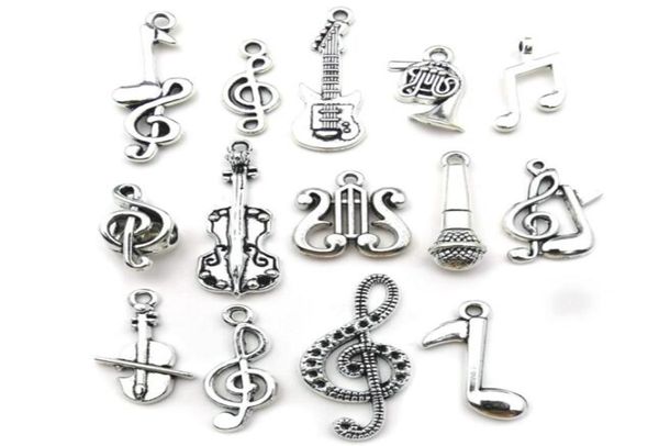 100pcs Charmes mixtes note de guitare musicale Piano French Horn Saxophone Antique Silver Pendent pour faire des boucles d'oreilles mignonnes Pendants Coll2137409