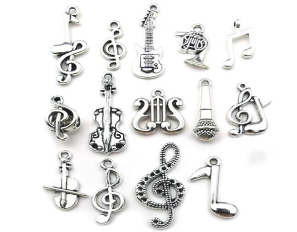 100 pièces breloques mixtes note de guitare musicale piano cor français Saxophone pendentif en argent Antique pour faire des boucles d'oreilles mignonnes pendentifs collier 1618917