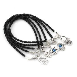 100pcs mixte kabbaleh hamsa hand charmes chanceux bracelets en cuir noir corde tressée 17 -21cm220h