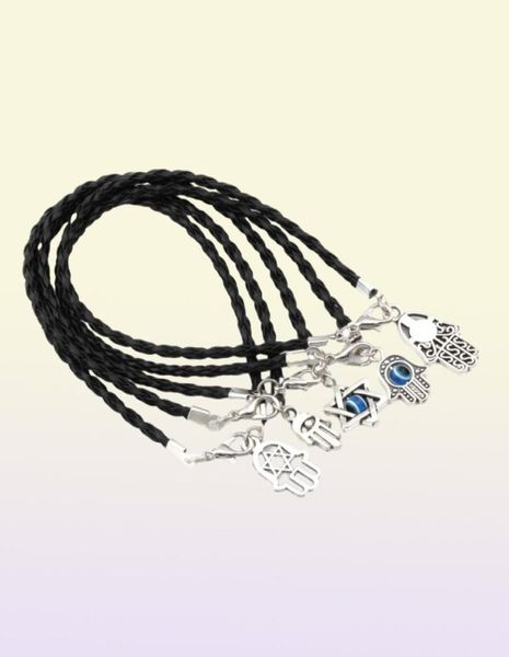 100 pièces mixtes Kabbale Hamsa main porte-bonheur bracelets à breloques en cuir noir tressé chaîne 17 21cm7303872