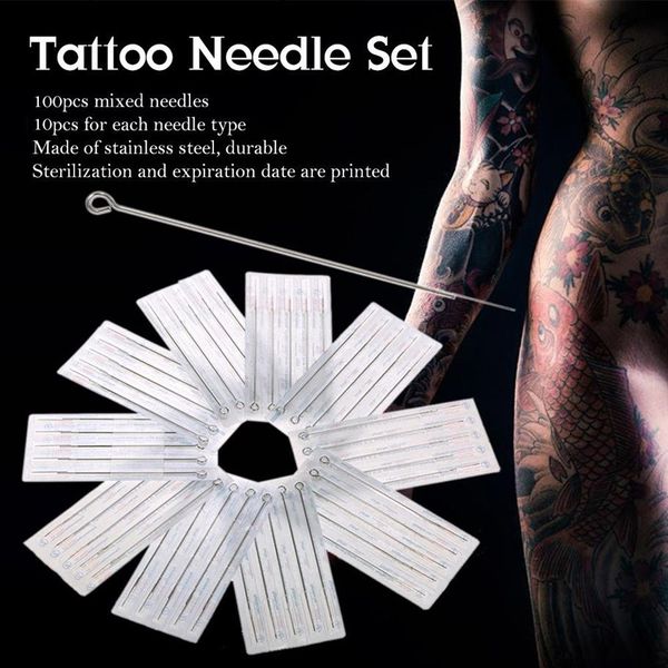 100pcs Ensemble d'aiguilles de tatouage mixtes 3RL 5RL 7RL 9RL 5M1 7M1 9M1 5RS 7RS 9RS Doublure ronde en acier inoxydable Tatouage permanent professionnel T298M