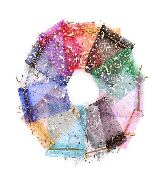 100pcs Moon Star Organza Sacs-cadeaux 912 cm Stamping Organza Party Favor Gift Bag des bijoux Sachets d'oreille Holde8373584