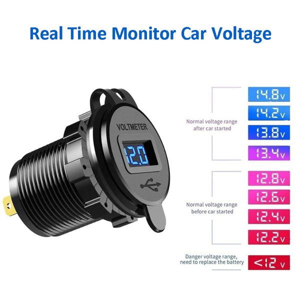 100 pièces nouveau double prise de chargeur USB adaptateur de prise de courant Charge rapide 3.0 étanche avec voltmètre pour voiture Marine RV RZR bateau ATV Bus camion