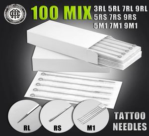 100 -stcs of 50 stks geassorteerde gesteriliseerde tattoo naalden gemengd 10 maten kit 3rl 5rl 7rl 9rl 5rs 7rs 9rs 5m1 7m1 9m1 van machinegeweer4601093