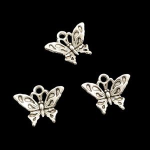 100pcs/paquete de colgantes de mariposa encantadores para joyas que fabrican collares Pendientes de pulseras tibetanas Color de plata antiguo DIY Handmade Craft 17x14mm Dh0464