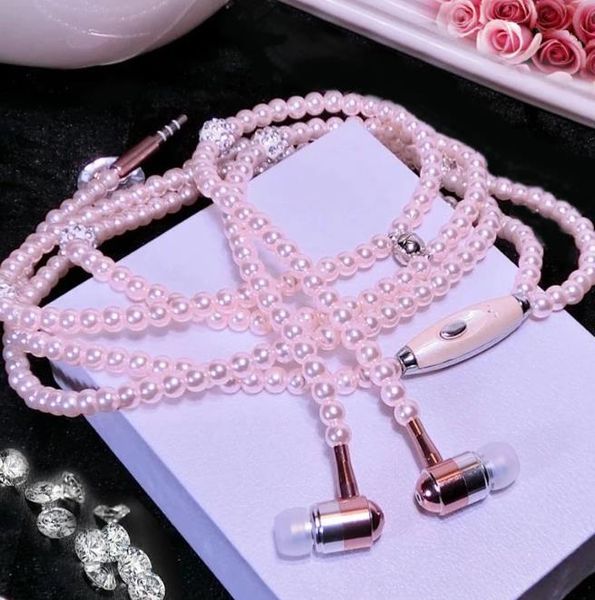 100pcs collier de perles écouteurs intra-auriculaires rose strass colliers bijoux perles écouteurs avec micro pour téléphone universel Brithday filles cadeaux E08