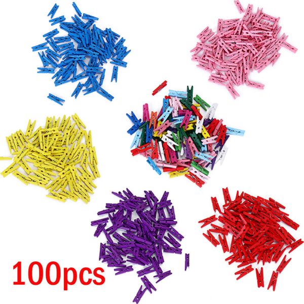 100 piezas por juego Nueva llegada Mini clips de madera de tamaño pequeño Clips coloridos de 25 mm Clips de fotos para hojas DTY Pinza para la ropa Clips de decoración artesanal Clavijas