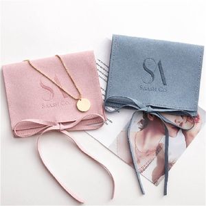 100 stks Gepersonaliseerde Sieraden Verpakking Zakken Gedrukt Microfiber Envelop Roze Sieraden Verpakking Display Gift Doek Tas 210402