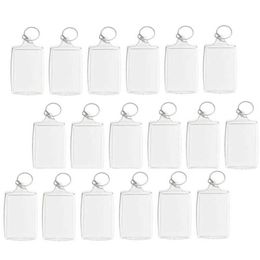 100 pièces Po porte-clés Rectangle Transparent blanc acrylique insérer Po cadre photo porte-clés bricolage anneau fendu H0915281f