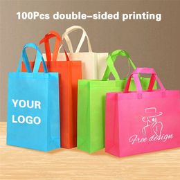 Impresión de 100 piezas en la bolsa no tejida de doble cara con mango de publicidad ambiental Bolsa de compras de regalos Personalizado 240322