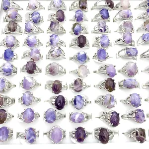 100 stks Paarse Stenen Ringen Voor Vrouwen Zilver Kleur Plated Mode-sieraden Accessoires Party Gift Met Een Display Box Groothandel Lot