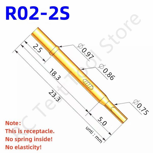 100pcs R02-2S Prueba de primavera Ponte de prueba Pogo Pogo Pin Receptáculo Manga de aguja Asiento de aguja Longitud de manga de aguja 23.3 mm de 0.86 mmmmm