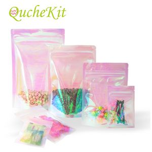 100 pièces sac Transparent arc-en-ciel sacs à fermeture éclair irisés sacs de maquillage holographiques en plastique cosmétique