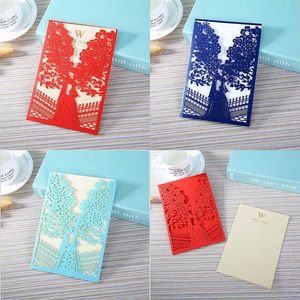 100 piezas de tarjetas de invitación de boda con corte láser rojo y azul Diseño de árbol Tarjetas de felicitación Personalizar sobres Favor de fiesta de boda Decoración SH190923