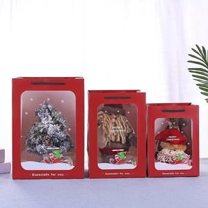 100 Stuks Rode Kerstcadeau Tote Bag Met Handvatten Kerst Goody Bag Met Venster Draagbare Herbruikbare Traktatiezak Voor Geschenken inpakken