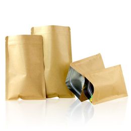 100pcs refermables kraft brun sacs d'emballage à fond plat respectueux de l'environnement emballage de stockage des aliments pochettes à fermeture éclair anti-humidité feuille d'aluminium Pmqc