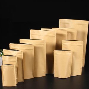 100 unids Resellable Kraft Papel Zip Lock Bolsa de embalaje Papel de aluminio grueso Merienda Caramelo Molido Café Nueces Semillas de té Regalos Bolsas de almacenamiento VHDSW