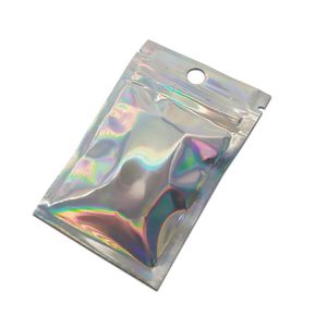 100 Uds., venta al por menor, cierre de cremallera frontal transparente, bolsa de paquete de papel de aluminio, bolsas de almacenamiento de Mylar holográficas que se pueden volver a cerrar, bolsas con orificio para colgar para comestibles electrónicos