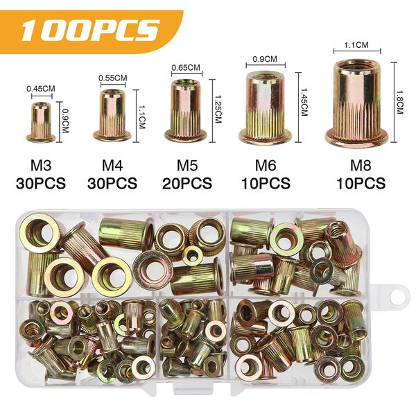 100 piezas de tuerca remachada con tuercas remachadas roscadas a mano pistola BT606 M3 M4 M5 M6 M8 Insertar Manual Manual Riveter Rivnut Herramienta Rivnut Herramienta