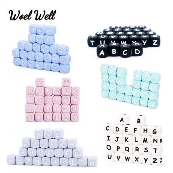 100 pièces perles de lettre russe 12mm pari perles de Silicone sans BPA bébé jouets de dentition anglais de qualité alimentaire Silicone nom bricolage cadeau 240125