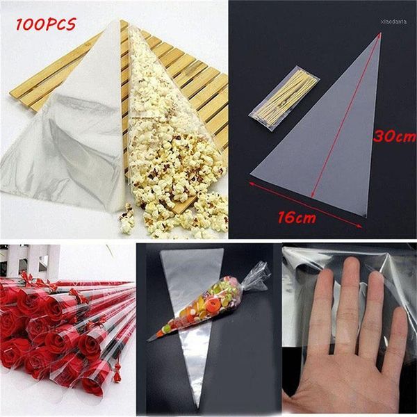 100 pièces/ensemble clair Cellophane emballage sac Transparent cône bonbons pour bricolage mariage fête d'anniversaire faveurs pop-corn plastique emballage cadeau