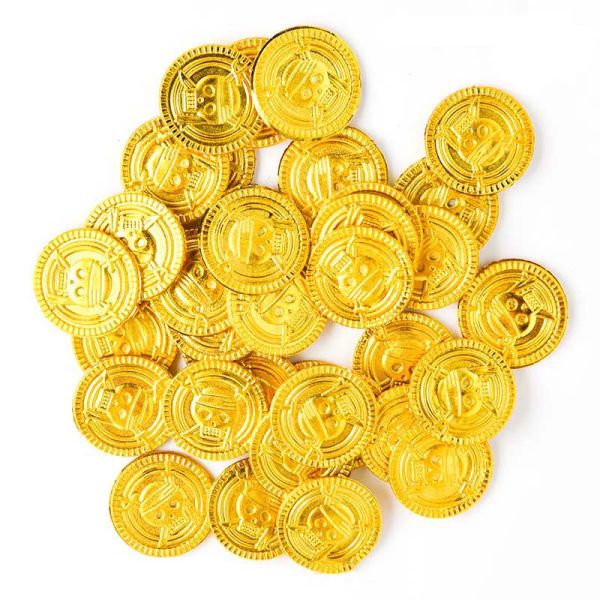 100 piezas establecidas monedas de halloween de oro pirata de plástico decoraciones navideñas de oro de oro falso para el tesoro del juego