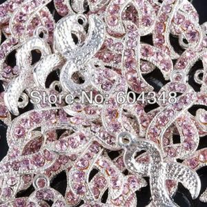 100 stks Zilver kleur Roze Kristal Strass Lint Borstkanker AWARENESS Charms Dangle Kralen Hanger Sieraden Findings254I