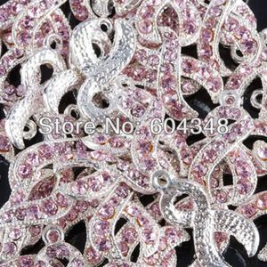 100 stks Zilver kleur Roze Kristal Strass Lint Borstkanker AWARENESS Charms Dangle Kralen Hanger Sieraden Findings290b