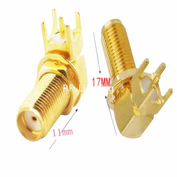 Envío gratuito 100 piezas SMA conector hembra ángulo recto 90 'placa PCB montaje en panel conector adaptador Coaxial RF 17mm