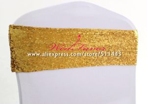 100pcs Sparkly Gold Silver Spandex Sequin Chair Bands Sash Bands Elastic Lycra paillettes Bow Ties El Event Decoration Mariage 5559973