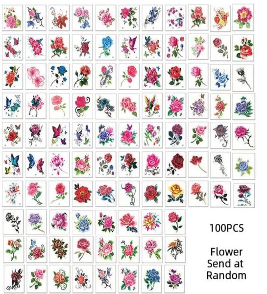 100pcs Tatouage temporaire autocollants fleurs de chat arms pieds tatouage coloré art corporel imperméable rose faux pour les enfants et les femmes3305085