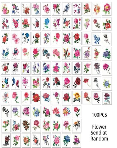 100pcs Tatouage temporaire Autocollants Fleurs Cat Armes Pieds Tattoo Colorful Art Art imperméable Rose Faux pour les enfants et les femmes3302410