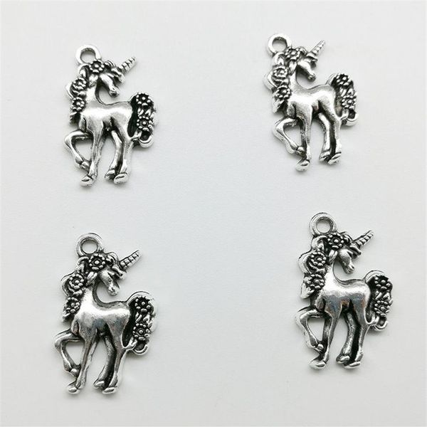 100 Uds. Colgantes de plata antigua con forma de caballo unicornio, joyería DIY para collar, pulsera, pendientes, estilo Retro 23 14mm280g