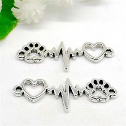 100 pièces Vintage argent patte impression coeur électrocardiogramme symbole connecteurs pour Bracelet breloques fabrication de bijoux 34x12mm202I