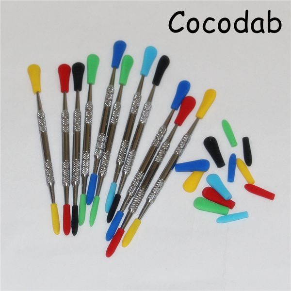 100 unids Herramienta de cera Dabber Fumar Atomizador Acero inoxidable Herramientas DAB con tapa de silicona Dabbers Hierba seca Hierba Vaporizador Pluma Sartén Vidrio Globo Tanque