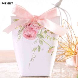 100 pièces faveurs de mariage boîtes à bonbons haut de gamme blanc/rose fleurs boîte-cadeau fête boîte à chocolat + ruban trois modèles H1231