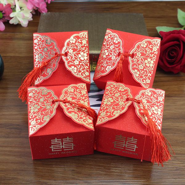 Boîte à bonbons rouge de mariage, 100 pièces, emballage cadeau, motif chinois créatif avec pompon