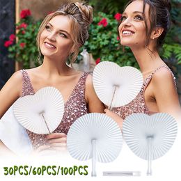 100 stks Wit Hartvorm Vouwen Fan Blanco Papier Hand Fans Met Plastic Handvatten DIY Schilderen Verjaardag Bruiloft Decor Sep05