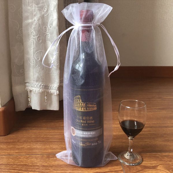 100 Pcs Blanc Organza Bouteille Sacs Emballage Cadeau Pochette Faveur De Mariage 14X35 cm Bouteille De Vin Sac (ou Mélanger les couleurs)