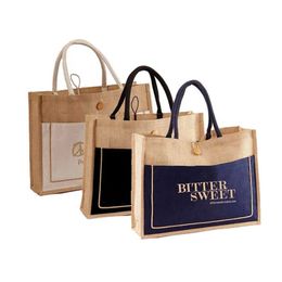 100 stcs Groothandel Hessian Shopper Bag Custom Gedrukte grote natuurlijke milieuvriendelijke jute jute winkelen Tote Beach met 240417