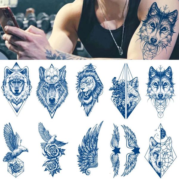 100pcs en gros jus durable encre tatouages ​​temporaires corps art autocollant imperméable lion loup homme hache tatoo bras aile mouche rose femmes 240311